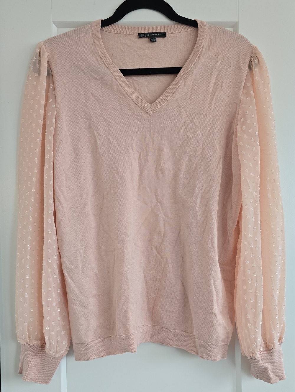 Adrianna Papell Blush Pink V-Neck Sweater with Dotted Mesh Sleeves
